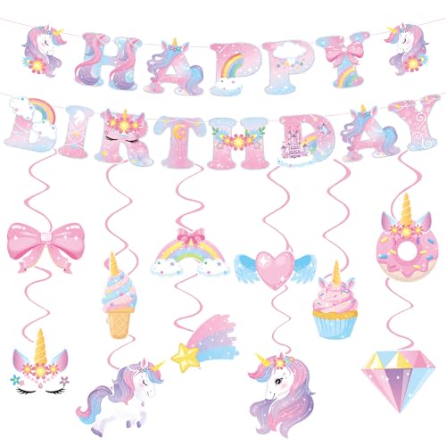 Unicorn Birthday Decorations for Girls Unicorn Party Supplies with Unicorns Rainbow Happy Birthday Banner & Hanging Swirls Magical Unicorns Themed Decoration for Baby Shower Girls Birthday Party