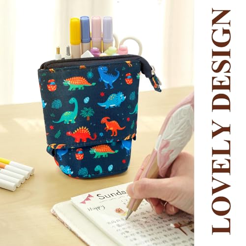 Image of KPX Cute Standing Pencil Case Pen Holder for Kids, Pop Up Stand UP Bubble Tea Pen Organizer Kawaii Stationary for Christmas Holiday New Year Office (Dinosaur)