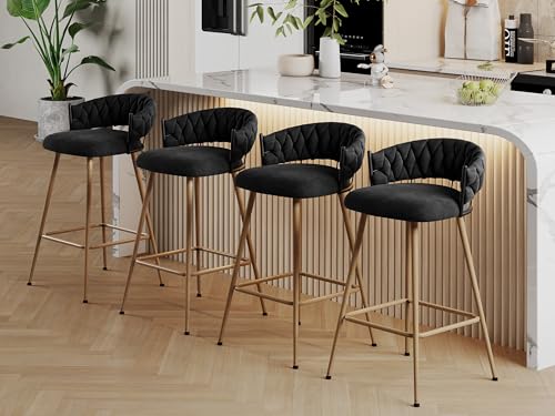 Butacos de Barra Set de 4, Butacos Modernos con Espaldar para Isla de Cocina, Altura de Barra 30'', Tapizados en Terciopelo con Patas de Metal, Color Negro miniatura 1