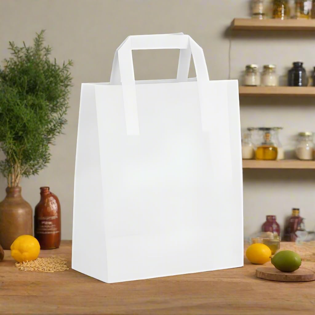 HOT BARGAINS 50 Medium White Paper Bags with Flat Handle, SOS Takeaway Carrier, 100% Recyclable, Eco-Friendly Shopping Bags (22 x 10 x 24 cm)