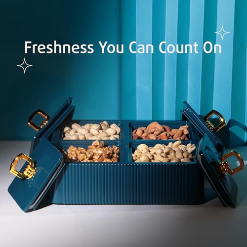 Image of Selvel Global Square Dryfruit Box with 4 Compartments | Airtight Multi-Purpose Storage Box with Tray & Lid | Ideal for Diwali Gifting | 500ml Each | BPA-Free (Emerald Green)