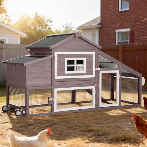Image of Mobile Chicken Coop with Run Large Hen House with Wheels Chicken House Poultry Cage with Nesting Box, Pull-Out Tray, Waterproof Roof for 3-5 Chickens (Brown, 72.3 inch L x 26 inch W x 39.4 inch H)