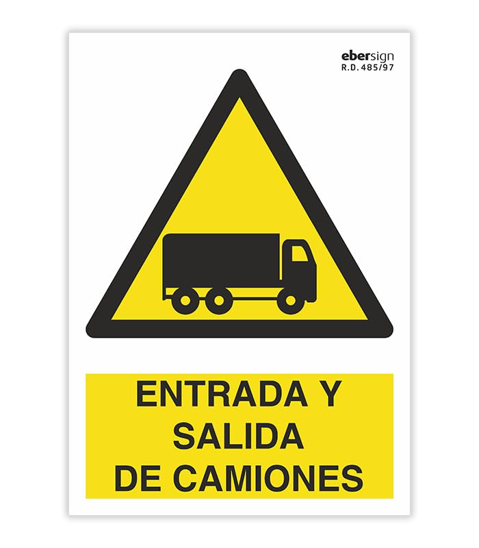 EBER SIGN - Señal de Advertencia Entrada y Salida de Camiones | Formato A3 | Cartel de Seguridad en PVC 0,7 mm | Señalización Industrial y Vial | Fondo Amarillo con Pictograma Negro
