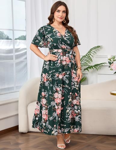 Image of ShopWonder Womens Plus Size V Neck Wrap Maxi Dress High Waist Ruffle Summer Casual Dress with Belt