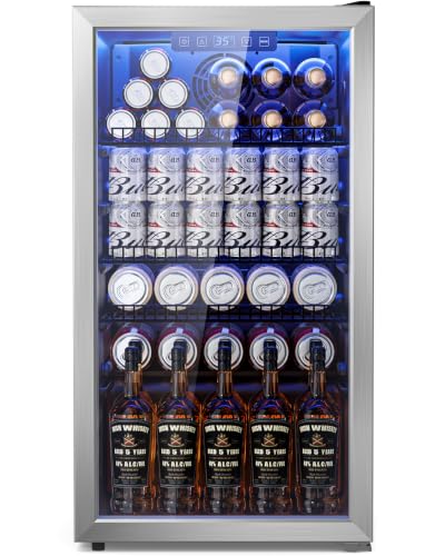 Tehanld 3.2 Cu.Ft Beverage Fridge, Mini Fridge With Glass Door, Beverage Cooler Refrigerator, Wine Drink Beer Fridge, Adjustable Shelves & Digital Temperature Display, 26 Bottle 128 Can, Silver