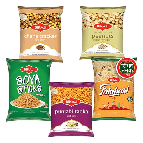 Bikaji Snacks Combo – SOYA STICKS & SALTED PEANUT & FALHARI MIX & PUNJABI TADKA & ROASTED CHANA CRACKER | 5 Pack Variety | Bar Snacks, Party Mix & Tea-Time Treats – 1 Kg