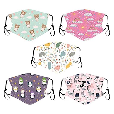 5 Stück Mundschutz Kinder Multifunktionstuch 3D Cartoon Druck Maske Animal Print Atmungsaktive Baumwolle Stoffmaske Waschbar Mund-Nasenschutz Bandana Halstuch Cover