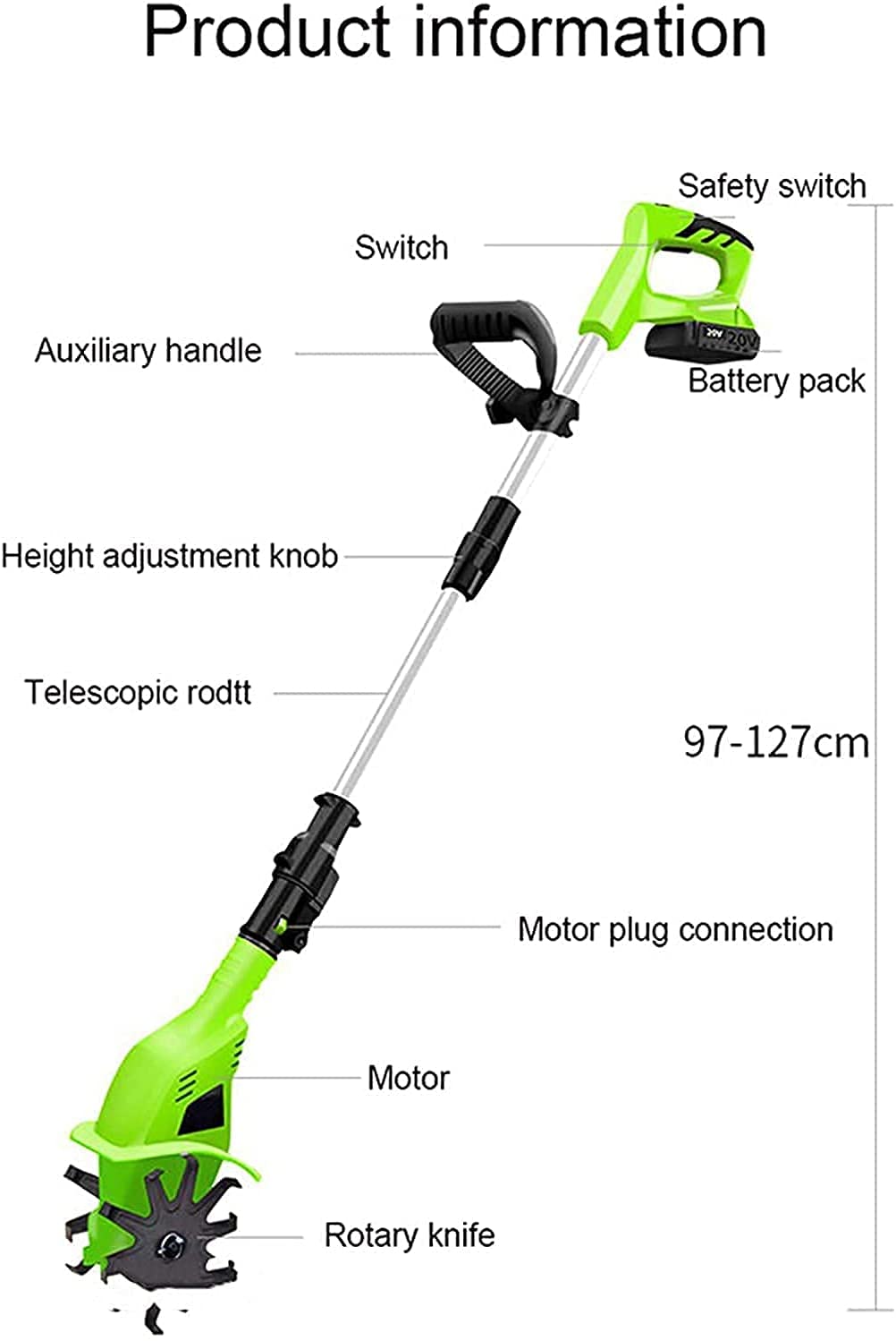 Cultivador eléctrico con batería de 20V 4000Mah, rotavator inalámbrico, batería Recargable y Cargador, Mango Ajustable de 97-127 cm