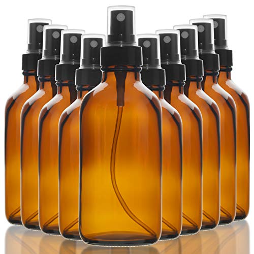 Pomeat 10 Pack 4oz Empty Amber Glass Sprays Bottles, Small Fine Mist Glass Sprays Bottle for Essential Oils, Cleaning Solutions, or Aromatherapy Included 12 Labels