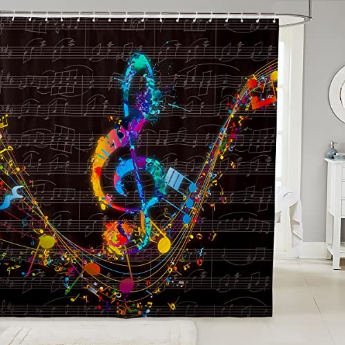 3D Rainbow Tie Dye Shower Curtain Musical Notes Bath Curtain 72"Wx72"L for Kids Child Iridescent Ink Fluid Art Curtains Vintage Hip Hop Bathroom Accessories Music Score Backdrop Music Room D