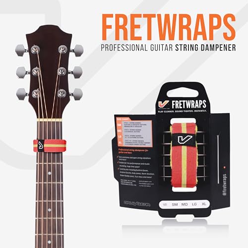 Image of Gruv Gear Fret Wrap & Guitar Mute, Fretwrap for Acoustic, Electric & Bass | String Dampener Recording, Tapping & Practice Accessory (1 Pack, Medium Red /Yellow, Fits 5 String Bass, 7 String Guitar)