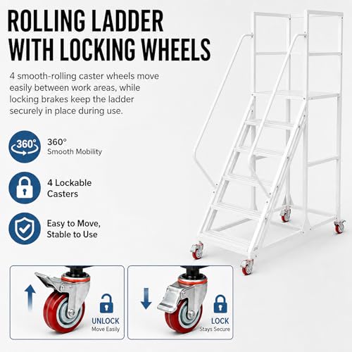 Image of 5 Step Rolling Ladder with Handrails, 1100 lbs Capacity Heavy Duty Mobile Warehouse Ladder with Wheels, Industrial Steel Non-Slip Rolling Stairs with Large Platform, for Garage Stockroom Library