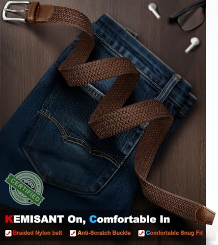 Image of KEMISANT Men Belt-Stretch Woven Braided Belt For Gift Men Golf Casual Jeans Dresses with Nylon Canvas 1 3 /8 inch