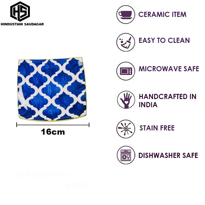 Image of HS HINDUSTANI SAUDAGAR Blue Umrao Quarter Ceramic Plates Sets of 4 dinnerware Sets Plates for Dinner Pasta Lunch thali & Dinner Set Handcrafted Ideal Kitchen Design for Daily Use and Gifting.