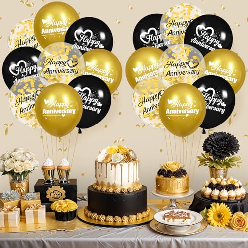 Happy Anniversary Balloons 18Pcs Black Gold Anniversary Party Decorations for Women Men Gold Silver 12Inch Metallic Confetti Anniversary Balloons for Indoor Outdoor Party Supplies - Image 3