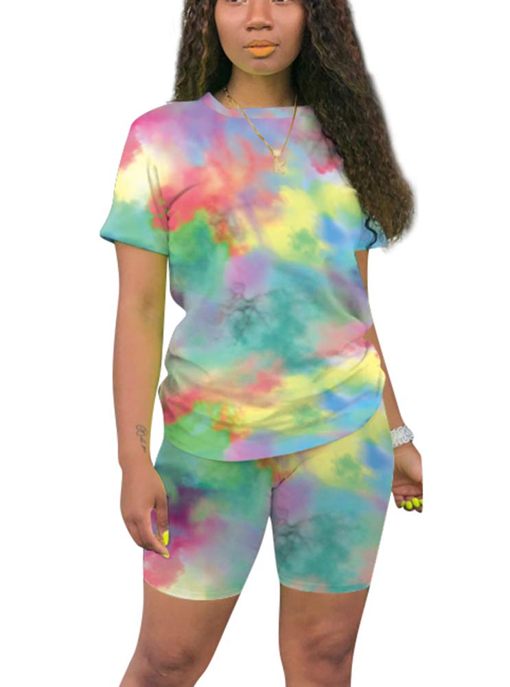 Women Two Piece Outfits Sets - Tracksuit Set Short Sleeve T Shirts + Skinny Short Pants Jogging Suits Rompers