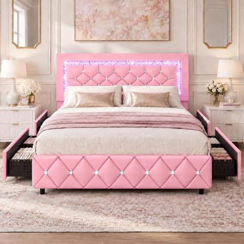 BarnFurin Queen Size Bed Frame with LED Headboard and Storage Drawers,Pink