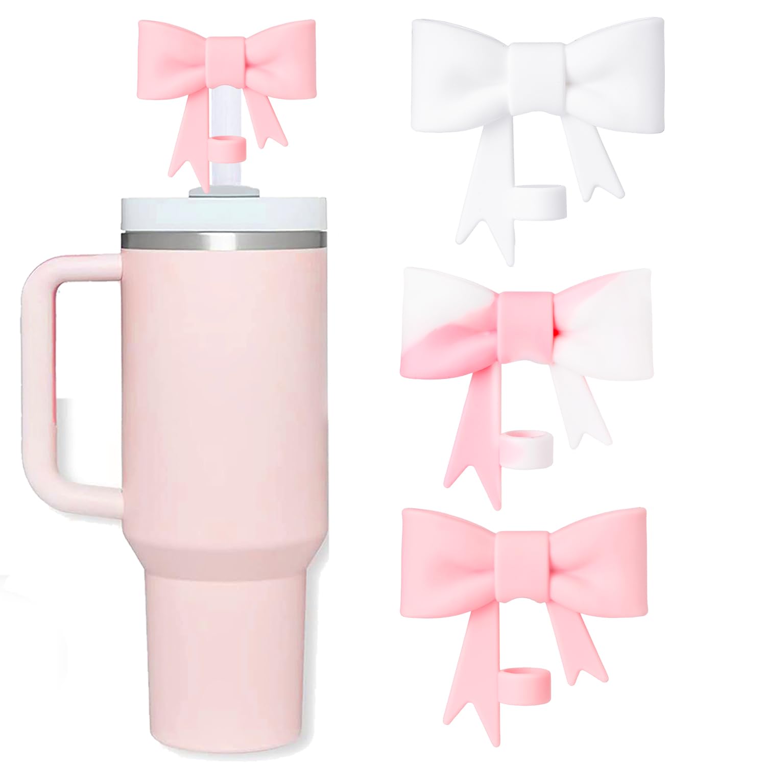 Bow Straw Covers Cap Toppers Compatible with Stanley Tumbler Cups, Cute 10mm Reusable Silicone Straws Topper for 40oz Tumbler with Handle, Stanleys Cup Accessories,3Pcs Pink