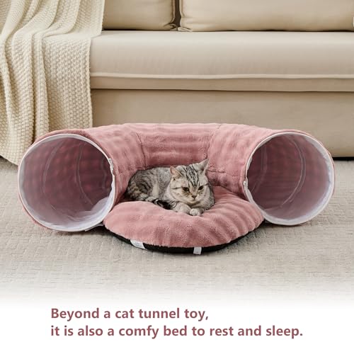 Image of Bubble Cat Tunnel for Indoor Cats, Round Peekaboo Cave Toy with Dangling Balls, Donut Tunnel Bed with Circle Mat for Puppy Kitten Rabbit, Dusty Pink