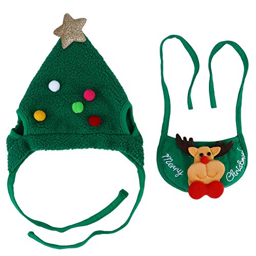 Cosplay de Natal para cachorro de estimação conjunto de babador de chapéu 2 unidades (chapéu verde +