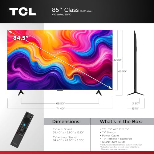 Image of TCL 85-Inch F8D Series 4K QLED Smart TV (85F8D, 2026 Model) with Dolby Vision HDR and Dolby Atmos, Game Accelerator 288 and VRR for Sports and Gaming | Fire TV, Alexa+, 120Hz Refresh, LED Backlighting