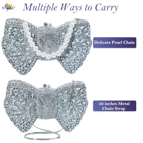 Image of Handmade Inlay Rhinestone Bow Clutch Bag for Women, Sparkling Evening Party Wedding Purse with Detachable Pearl Chain