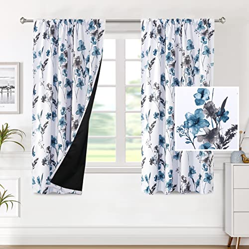 H.VERSAILTEX 100% Blackout Curtains for Bedroom Cattleya Floral Printed Drapes 63 Inches Long Leah Floral Pattern Full Light Blocking Drapes with Black Liner Rod Pocket 2 Panels, Grey/Blue
