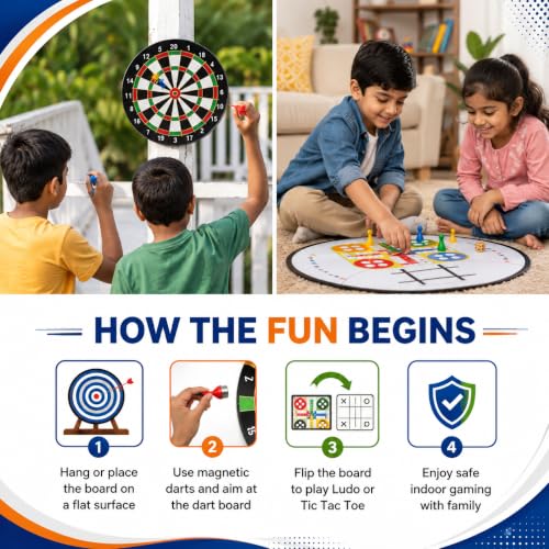 Image of 3-in-1 Magnetic Dart Board with Darts | One Side Dart Game, Other Side Ludo & Tic Tac Toe | Double-Sided Indoor Game Board for Kids & Adults | Safe Magnetic Darts for Home & Gifting