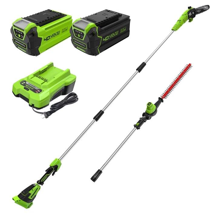 Image of Bundle of Greenworks 40V 8-inch Cordless Pole Saw with Hedge Trimmer Attachment 2.0Ah Battery and Charger Included + Greenworks 40V 5.0Ah Lithium-Ion Battery