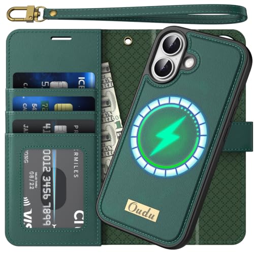 Étui iPhone 17 anti-piratage RFID, coque cuir détachable vert foncé