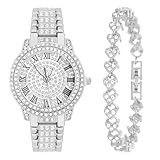 NEWITIN 2 Pieces Women Diamond Watch Bracelet Set Luxury Fashion Jewelry Cubic Zirconia Wristwatch Bracelet Silver Watch Jewelry Set for Women