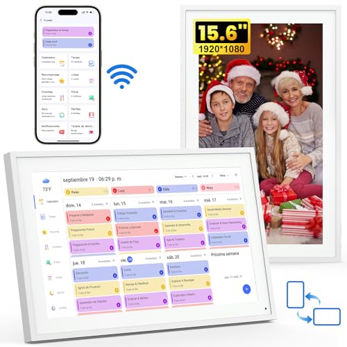 NEWYES 15,6' Calendario Digital Pared, Planificador Semanal Mensual 2025-2026, Marco de Fotos Pantalla Táctil Inteligente, para Gestionar TDAH Niños, Comidas, Agendas y Tareas de Aprendizaje