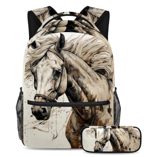 Sac à dos cheval multicolore avec trousse scolaire assortie pour les enfants