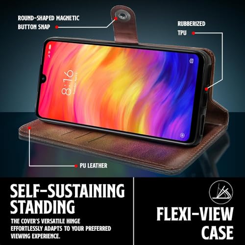 Image of WOW IMAGINE Shock Proof Flip Cover Back Case for Xiaomi Mi Redmi Note 7 | 7 Pro | 7S (Magnetic Button Flip Case | Wallet Pockets & Stand | Leather Finish | Coffee)