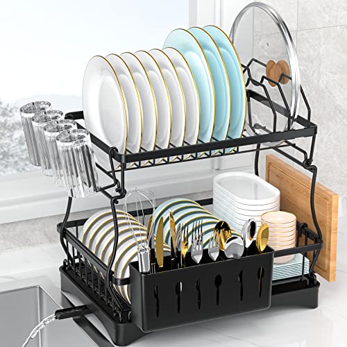 Dish Drying Rack, 2-Tier Dish Drying Rack With Drainboard Set, Black Metal Dish Rack Plate Rack For Kitchen Counter, Dish Drainer With Utensil & Cutlery Holder - Space-Saving Organizer For Countertop #TOP5