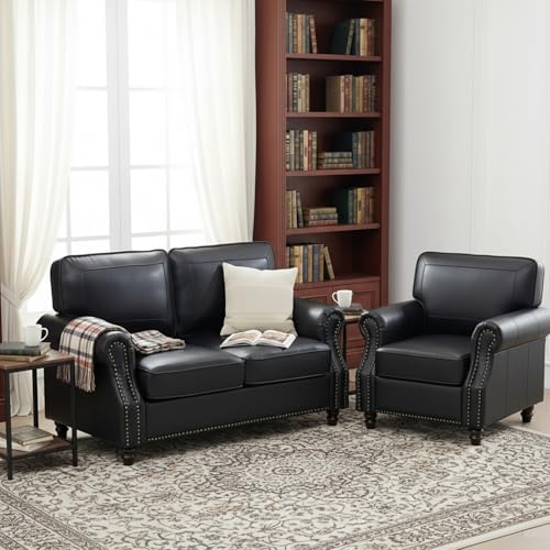 Image of Kingfun Loveseat 2 Seater Couch with Chair, Mid Century Modern Faux Leather Sofa Set with Rolled Arms and Deep Seats, Fluffy Comfort for Living Room, Apartment, Easy Assembly,Black