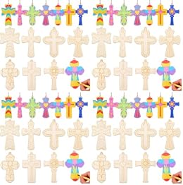 Anglechic 14 Set Religious Craft Kit Christian Cross Painting Crafts DIY Unfinished Wooden Cross Sunday School Hanging Ornaments Blank Coloring Decoration for Home Church Activities (Pack of 4)