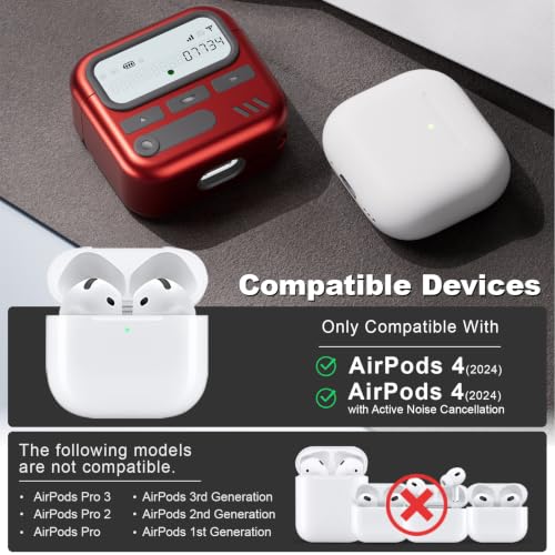 Image of for AirPods 4 Case with Safty Lock,Retro Inspired Pager Style (Red) | TPU & PC Dual Layer Protective Cover Accessories with Wrist Lanyard & Cleaner Pen for Apple AirPod 4th Generation Men Women