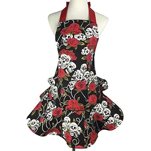 Valink Rose skull pattern Cotton Kitchen Apron for Women, Chef Cook Cooking Apron,BBQ Party Bib Dress Apron, Household Cleaning Tools Accessories, Work Apron for Waitress Girls Cover