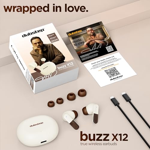 Image of Dubstep Buzz X12 TWS Earbuds, 60H Playtime, Bluetooth 6.0 Wireless Earbuds with ENC Noise Cancellation, 13mm Drivers, Game & Music Mode, Touch Control, Type-C Fast Charging (Beige)