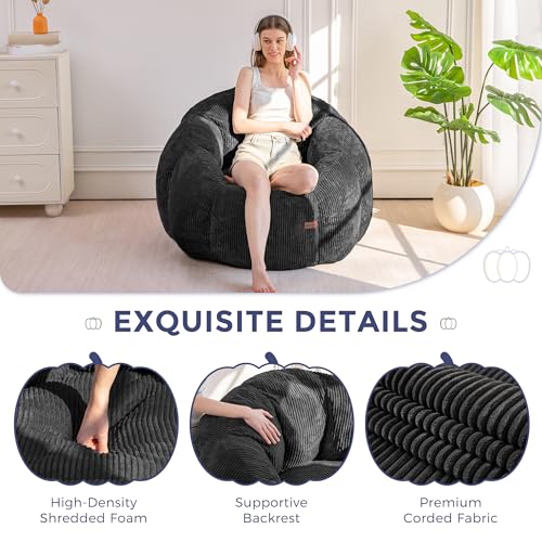 Image of MAXYOYO Giant Bean Bag Chair, Pumpkin-Shaped Bean Bag Sofa, Oversized Boneless Couch Sofa in a Box, Comfy and Lazy Lounge Chair for Dorm, Living Room, Black