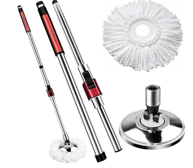 Image of Spin Mop Replacement Set with Heavy Stainless Steel Rod, Rotating Mop Head and Base Plate, Red