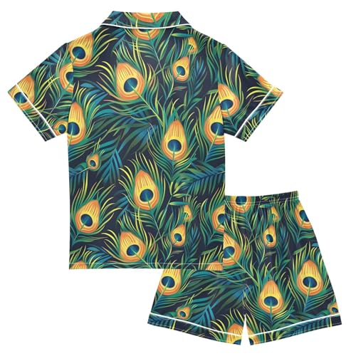 ALAZA Beautiful Blue Yellow Peacock Feather Satin Pajamas Set Short Sleeve Button Down Sleepwear Summer Pjs 2 Piece2