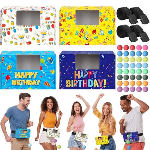 Capoda 4 Sets Birthday Swing Shaking Balls Game Set Twerk Balls Game Set for Birthday Party with Cardboard Boxes Belt 40 Ball Novelty Shake Box Activity for Adults Large Group Indoor Outdoor