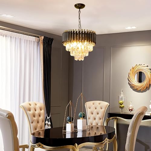 Image of Manraj Modern Crystal Chandelier, 40 cm Round, 3-Tier Black and Gold, K9 Crystal Ceiling Light Fixture for Living Room and Hallway (Black & Gold, 400mm)