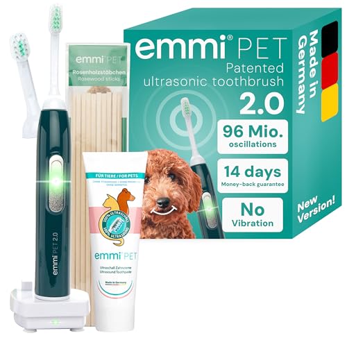 emmi-pet 2.0 Ultrasonic Dog Toothbrush & Toothpaste Set | Plaque Remover for Teeth Dogs & Cats | Silent & No Scrubbing | Small & Large Dog Toothbrush | 75ml