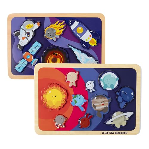 Celestial Buddies 2-Pack Chunky Wooden Puzzles - Journey Into Space, Solar System - 12X8 Inch Educational Space Puzzle For Early Science & Astronomy E