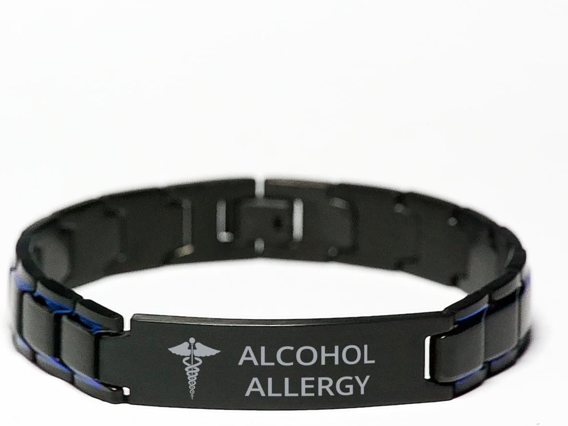 Medical Blue Black Metal Bracelet, Alcohol Allergy Awareness, Medical Symbol, SOS Emergency Health Life Alert ID Engraved Stainless Steel Silver Jewelry Adjustable Bracelet for Men Women