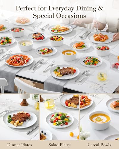 MALACASA 24 Pieces Gourmet Porcelain Dinnerware Sets, Premium Plates and Bowls Set, High-Fired Ceramic Dishes Set for 8, Chip & Scratch Resistant, Microwave Dishwasher Safe, White, Series LEXI - Image 6
