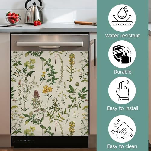 Image of Green Herb Leaves Dishwasher Covers for The Front Magnetic,Spring Wildflowers Refrigerator Magnets Decoration,Reusable Dishwasher Cover Panel for Home Kitchen Decor 23x26 Inch
